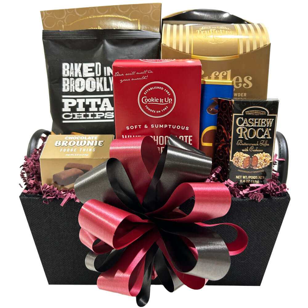 Elegant Appreciation Gift Basket with premium treats in a sleek black fabric basket
