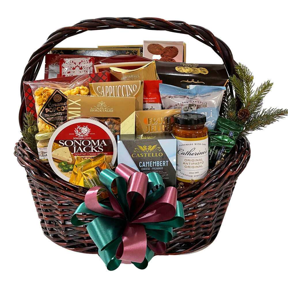 Christmas Gift Of Distinction gourmet Christmas gift basket with chocolates, smoked salmon, cheeses, snacks, and festive treats