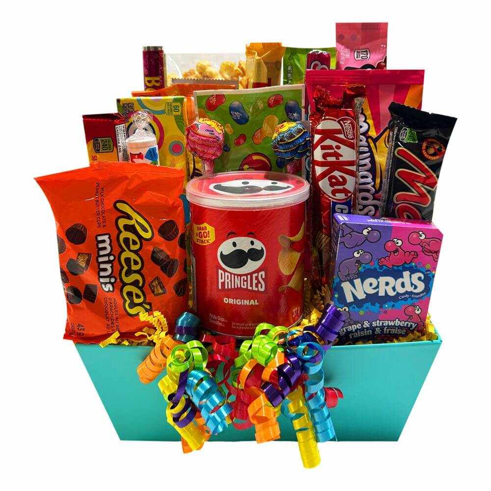 Classic Candy Bouquet with assorted colorful nostalgic candies in a bright reusable container