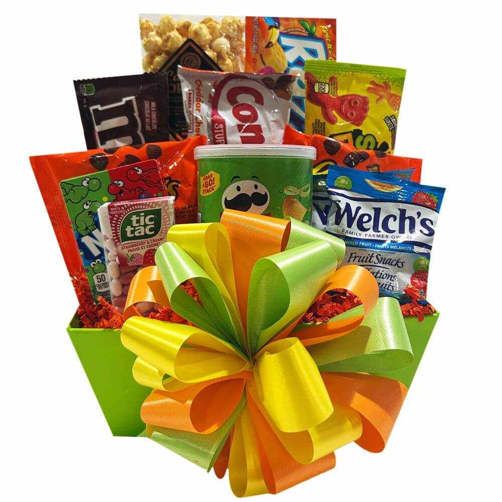 Kids Only Gift Basket with assorted sweet and savory snacks in colorful gift box with large orange, yellow, and green bow