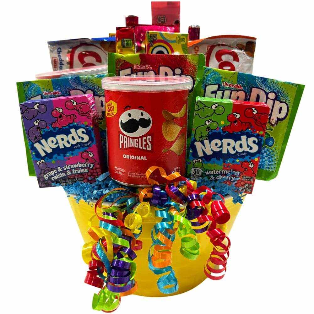 Colorful Funnertime Gift Basket with assorted candy and snacks in a rustic metal wash bucket