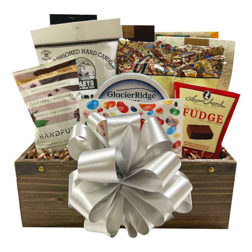 Gluten free gift basket with assorted treats in rustic wooden box and silver bow