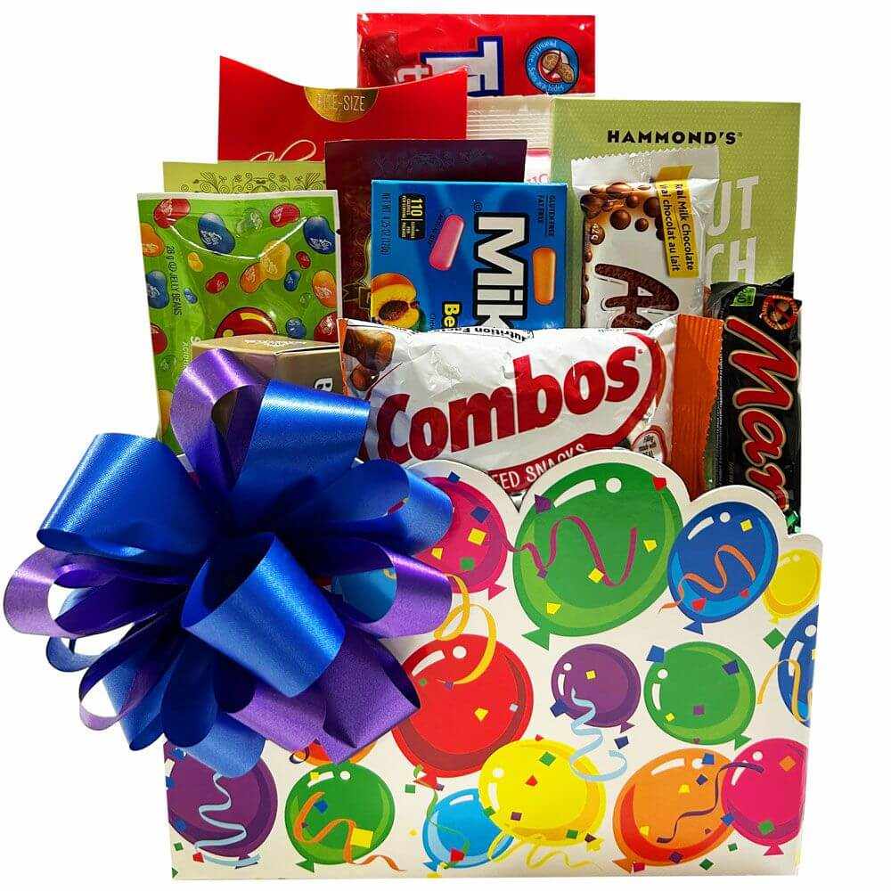 Colorful happy birthday basket with assorted candies, cookies, snacks, and hot chocolate in festive balloon-themed gift box