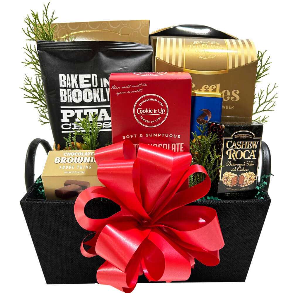 Holiday Appreciation Gift Basket with gourmet snacks and festive red bow in elegant black fabric basket