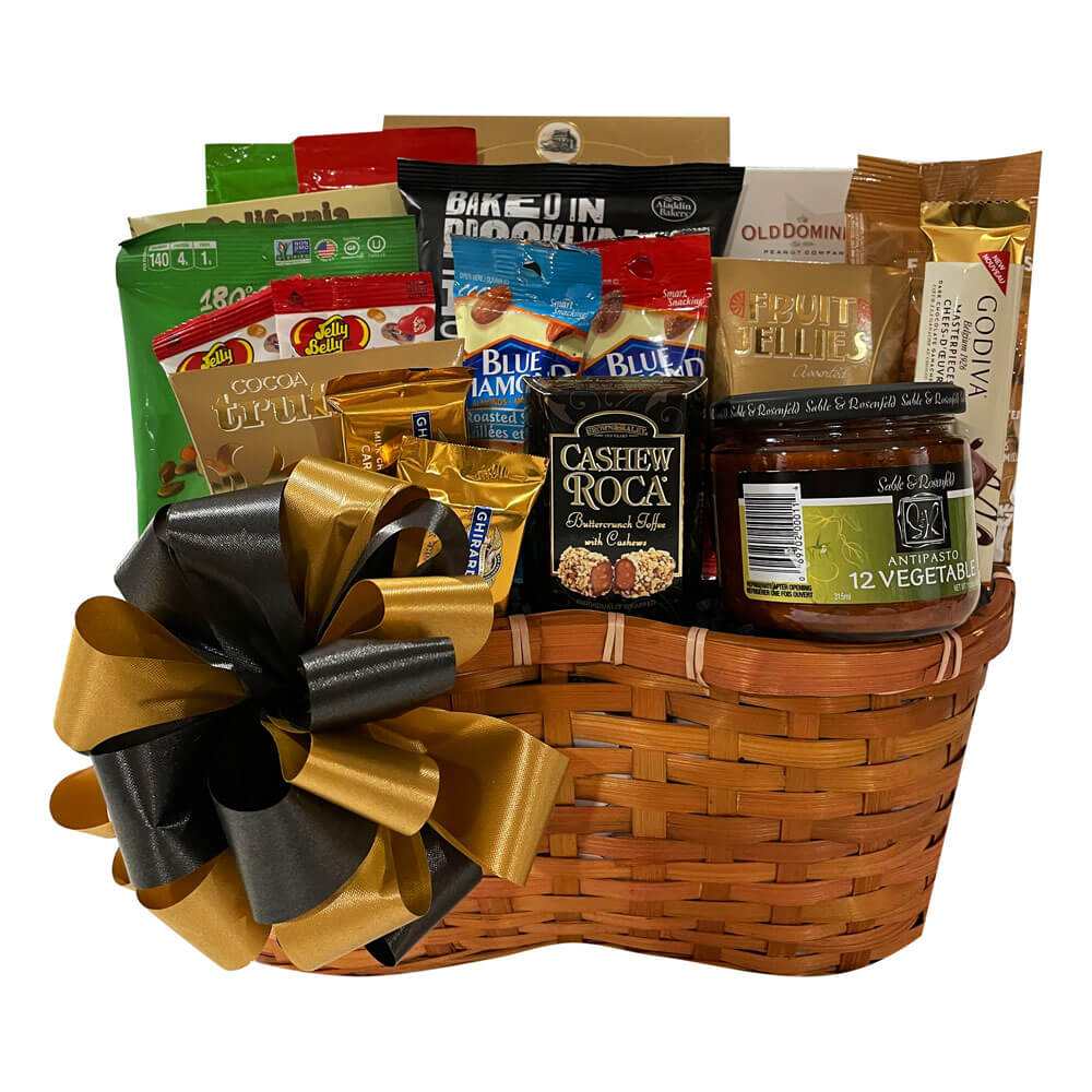 Kosher Gift Basket with assorted gourmet treats including chocolates, nuts, wafers, lemonade, and antipasto in a wicker basket with black and gold bow