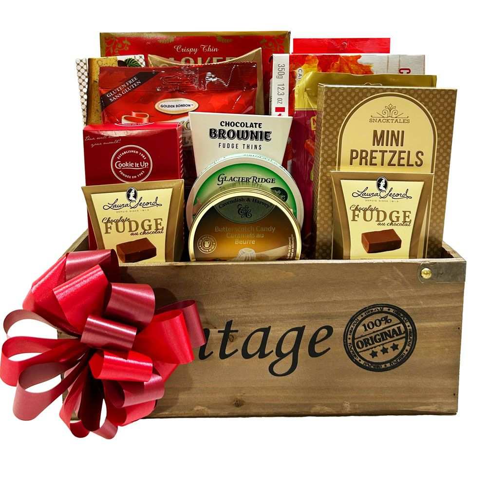 Limited Edition Gift Basket wooden crate with gourmet snacks and red bow