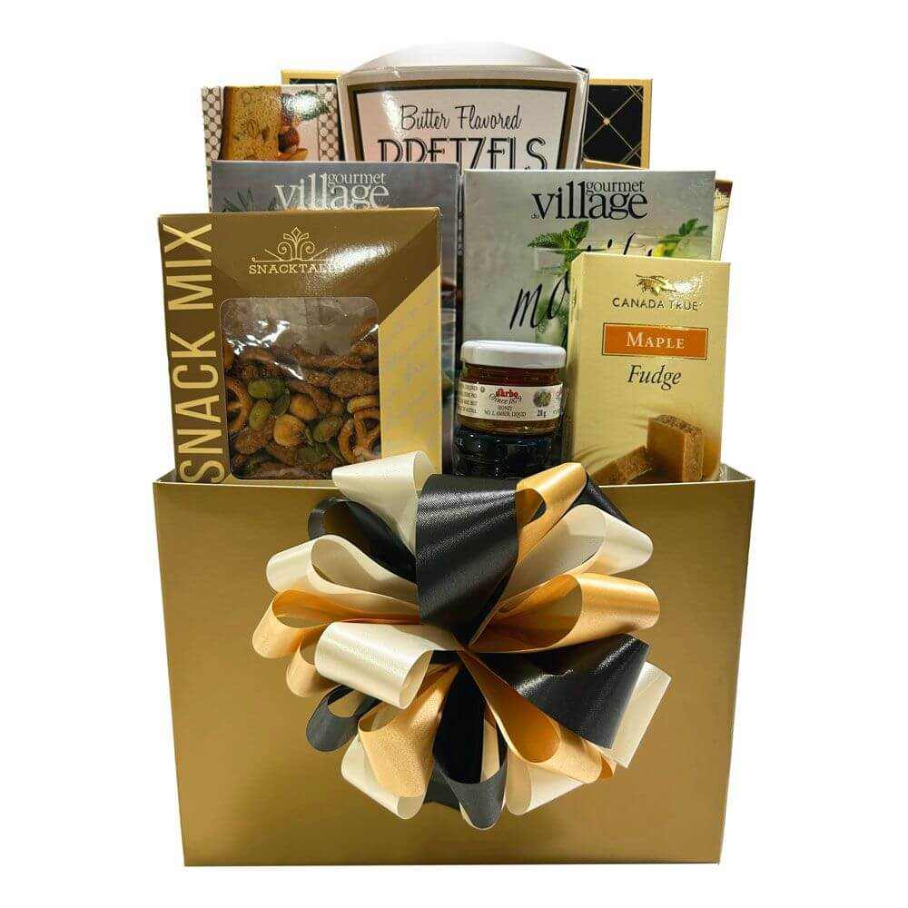 Privileged Gift Basket with almond biscotti, gourmet honey, pretzels, toffee bites, maple fudge, sugar cookies, fruit spreads, and spicy snack mix in a gold box with black and gold bow