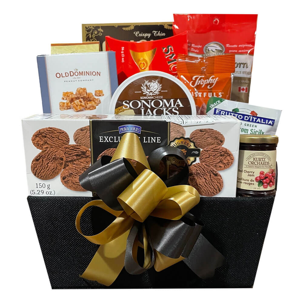 Show Stopper Gift Basket with gourmet treats including Sonoma Swiss cheese, fruit preserves, mixed nuts, smoked salmon, maple popcorn, cookies, and crackers in a stylish black fabric basket with gold and black ribbon