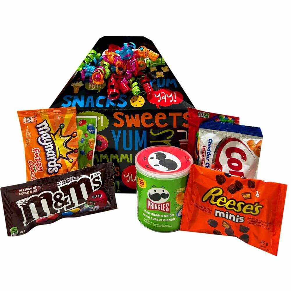 Snack Gift Pack | Snack Attack Gift Pak with Skittles, Fuzzy Peaches, Jelly Belly, M&M’s, Combos, Reese’s Minis, and Pringles in a colorful gift box