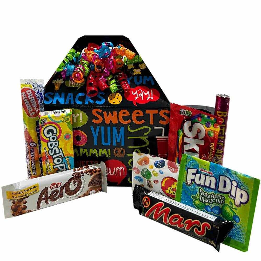 Snack Gift Basket no nuts assortment with Aero, Mars, Fun Dip, Skittles, Gobstoppers, Jelly Belly, and Dubble Bubble in colorful gift basket