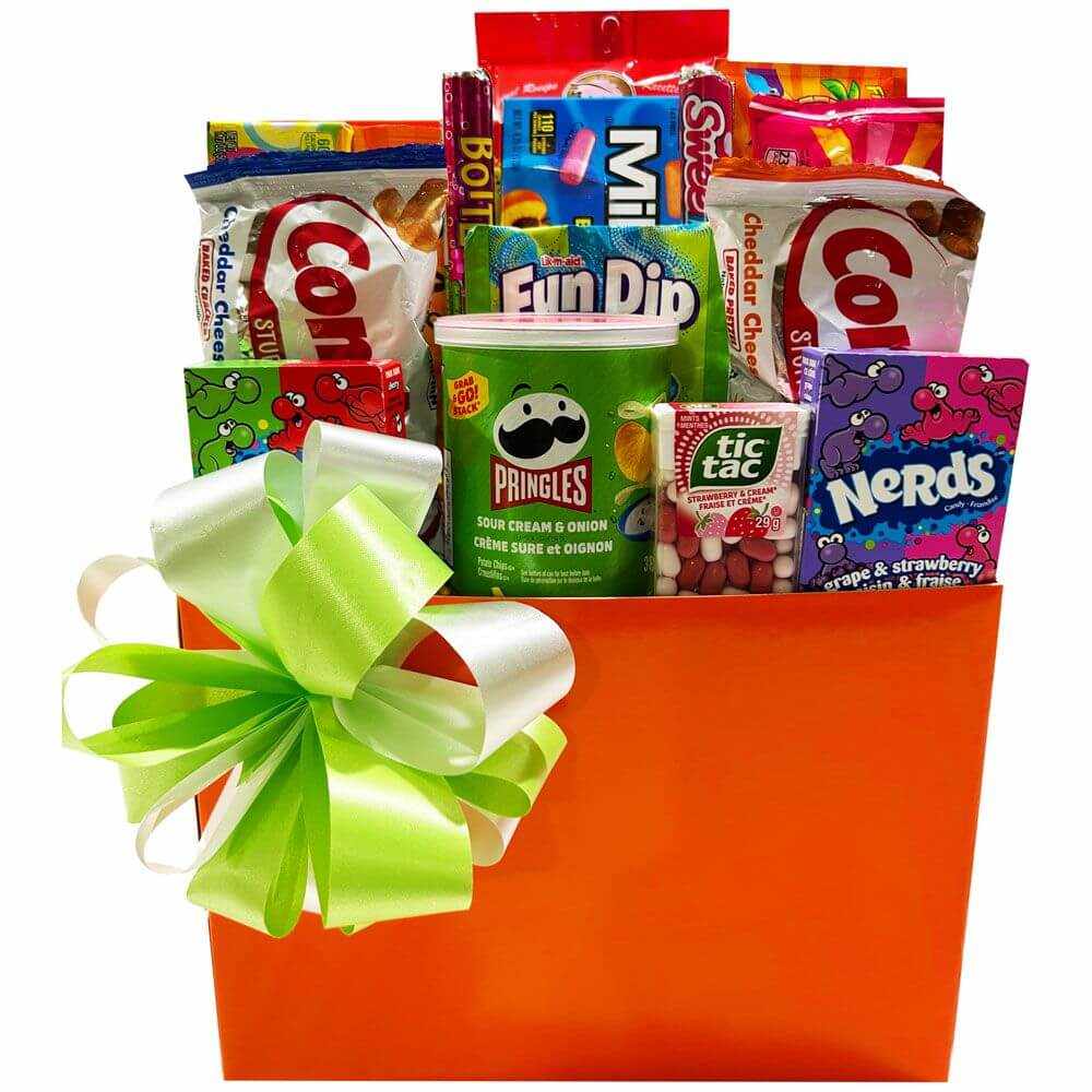 Student Survival Kit gift box with assorted snacks including Pringles, Combos, Nerds, Tic Tac, and Fun Dip in orange box with green and white bow