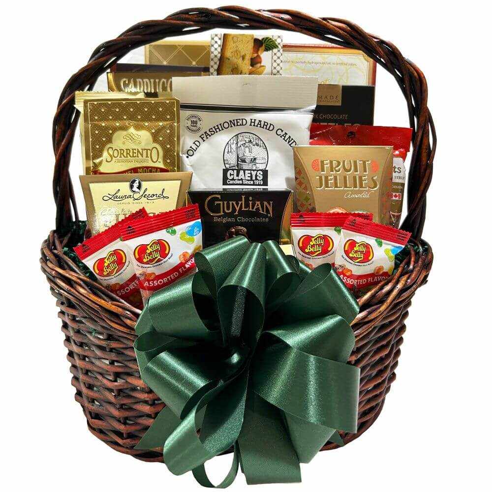 Lasting Impressions gourmet snack gift basket with chocolates, fruit jellies, biscotti, and decorative green bow