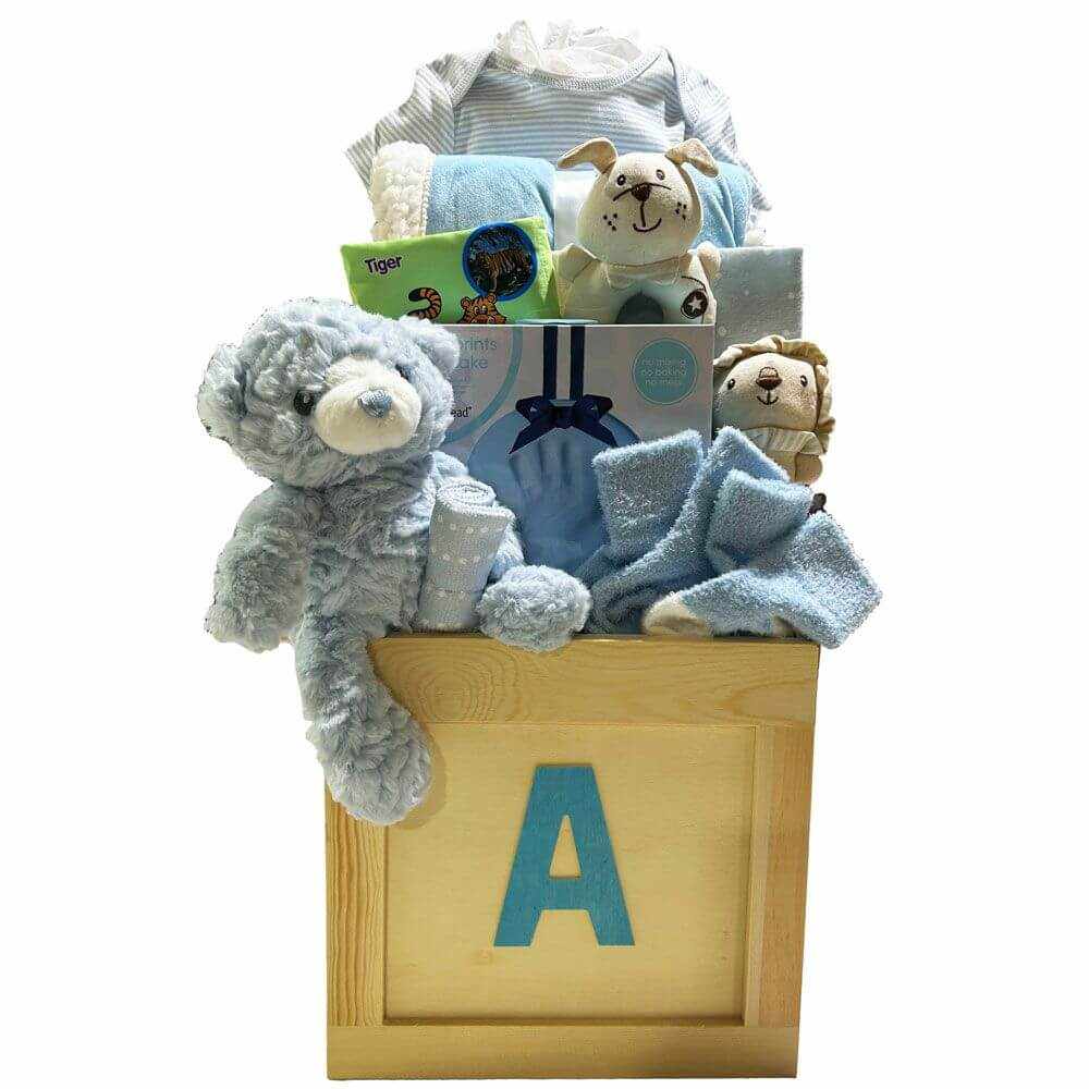 Baby Gift Box - boy - luxury gift box with wooden keepsake storage and assorted plush toys and clothing