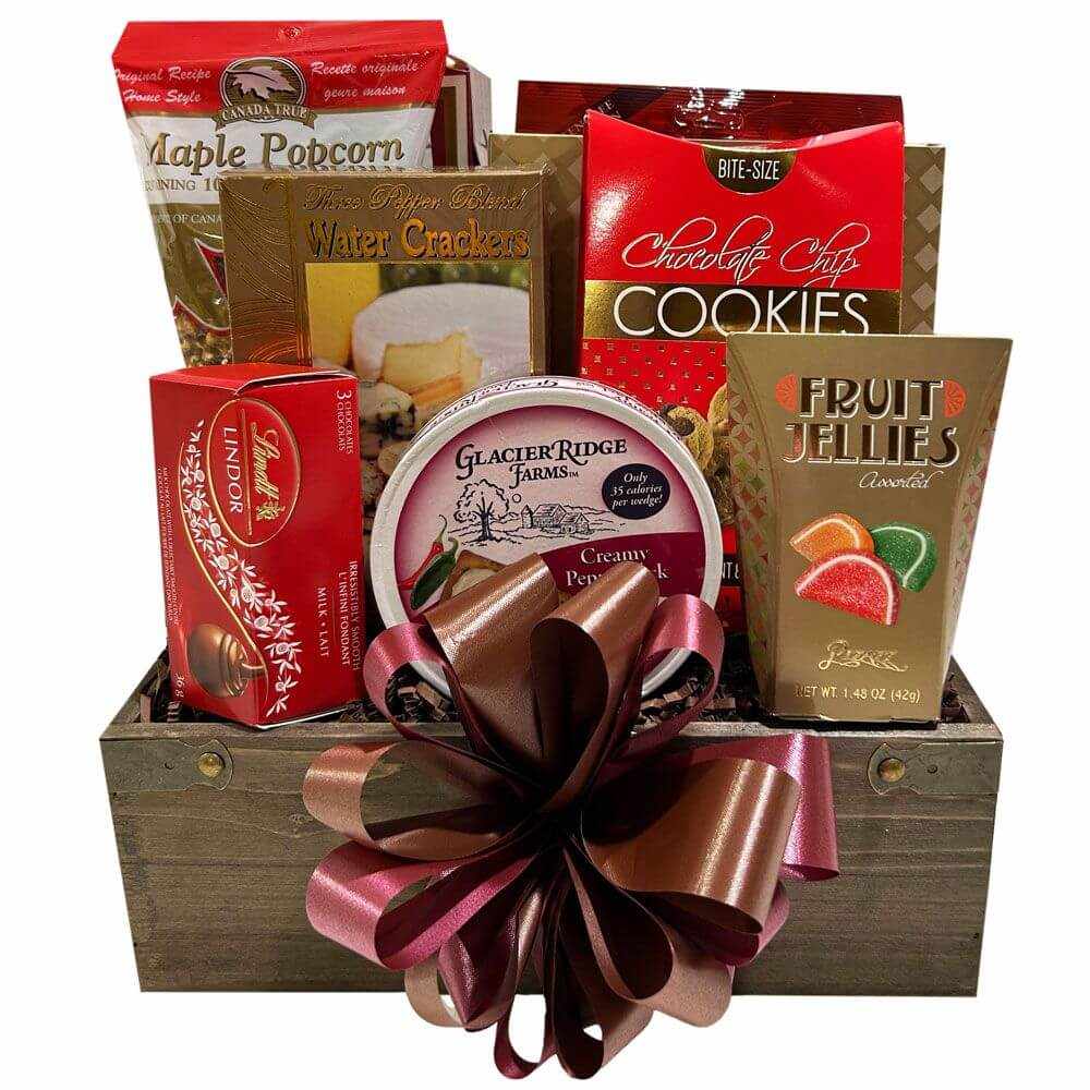 Uptown Gift Basket with assorted sweet and savory treats in an elegant wooden box including chocolates, cookies, pretzels, crackers, popcorn, and fruit jellies