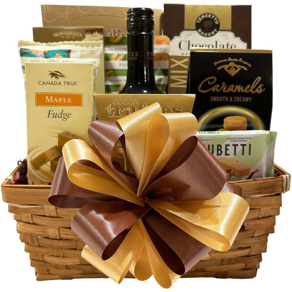 Elegant Warm Comfort Gift Basket with wine and gourmet treats in bamboo basket