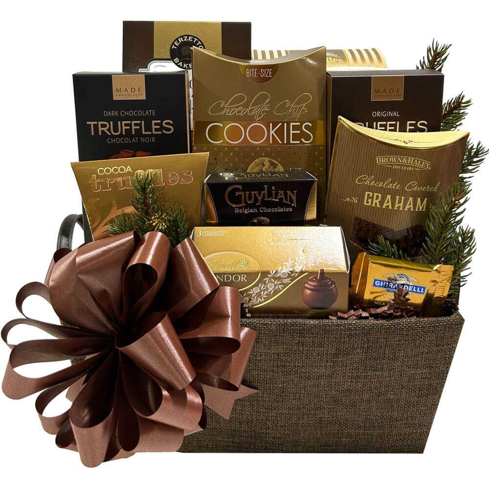 Christmas Chocolate Plus gift basket with assorted chocolates and cookies in brown fabric basket with large decorative bow