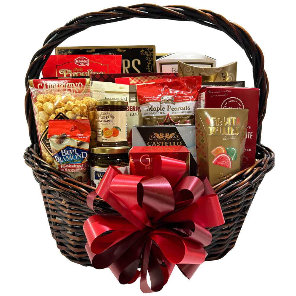 Cornucopia gift basket with assorted gourmet treats, snacks, and large red ribbon bow in wicker basket