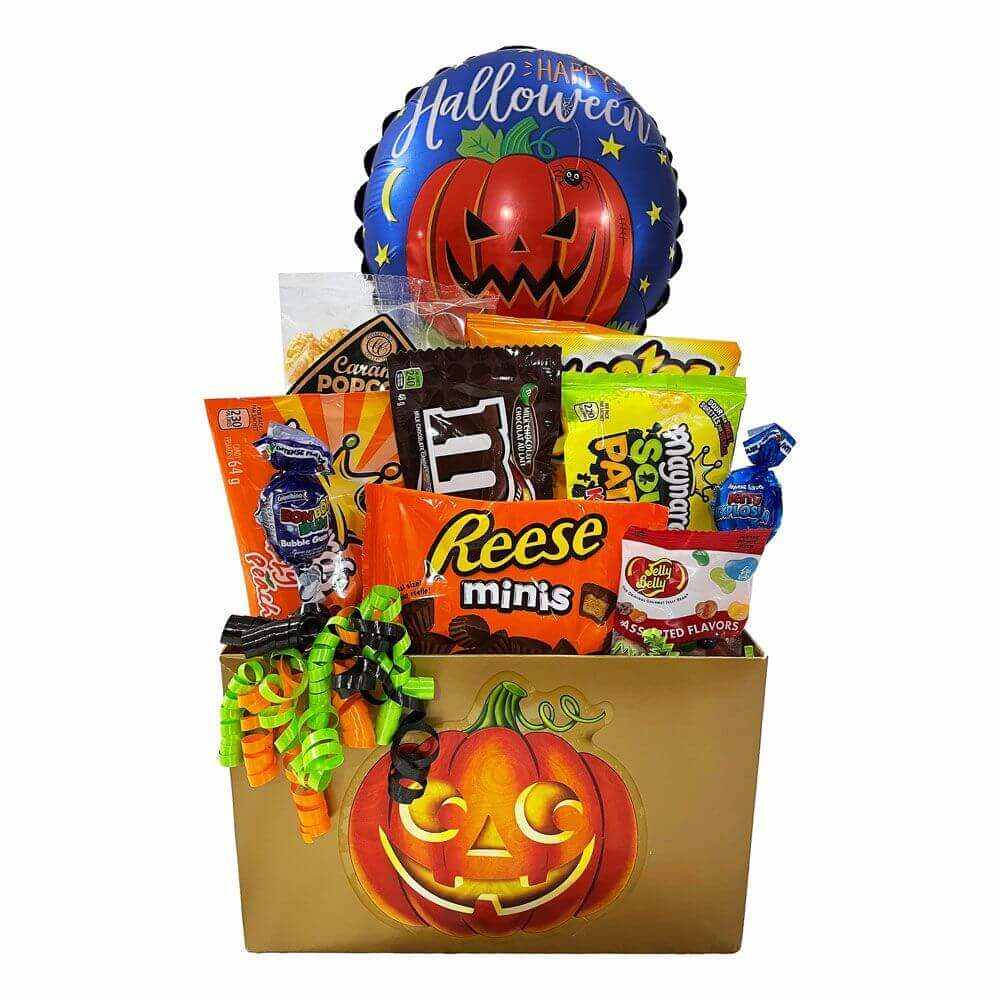 Halloween Fun Gift Basket with pumpkin box, Halloween balloon, caramel popcorn, Lay's chips, Reese's mini peanut butter cups, Sour Patch Kids, lollipops, M&M's, belly jelly beans, and candy treats