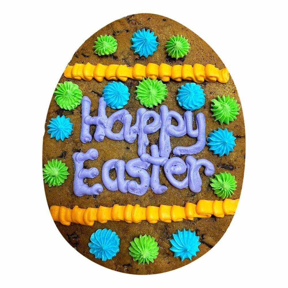 Giant Happy Easter Cookie with colorful icing in egg shape for festive gift