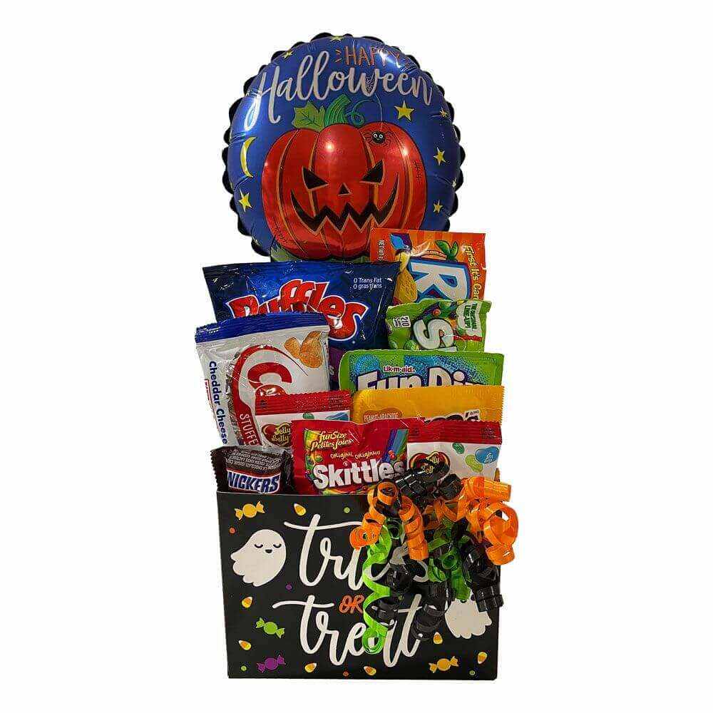 Halloween Trick Or Treat Gift Basket with assorted candies, snacks, and pumpkin balloon