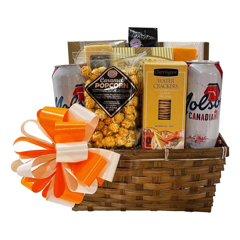 Beer Gift Basket And Munchies with Molson Canadian beer, caramel popcorn, water crackers, cheese, and assorted snacks