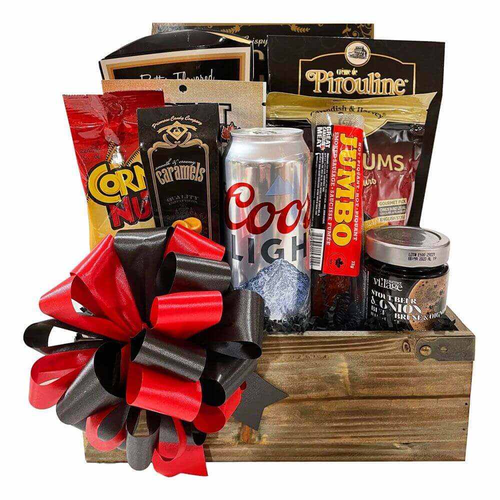 Busy Man's Gift Basket with smoked sausage, crackers, pretzels, Pirouline wafers, caramels, beef jerky, jelly, Coors Light beer, and gourmet snacks in a wooden box with red and black bow