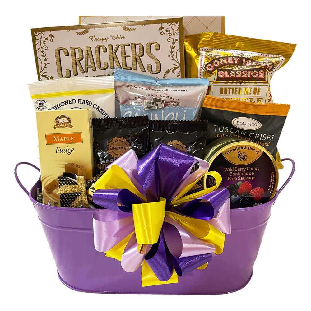 Purple gift basket women with assorted snacks and a large decorative bow
