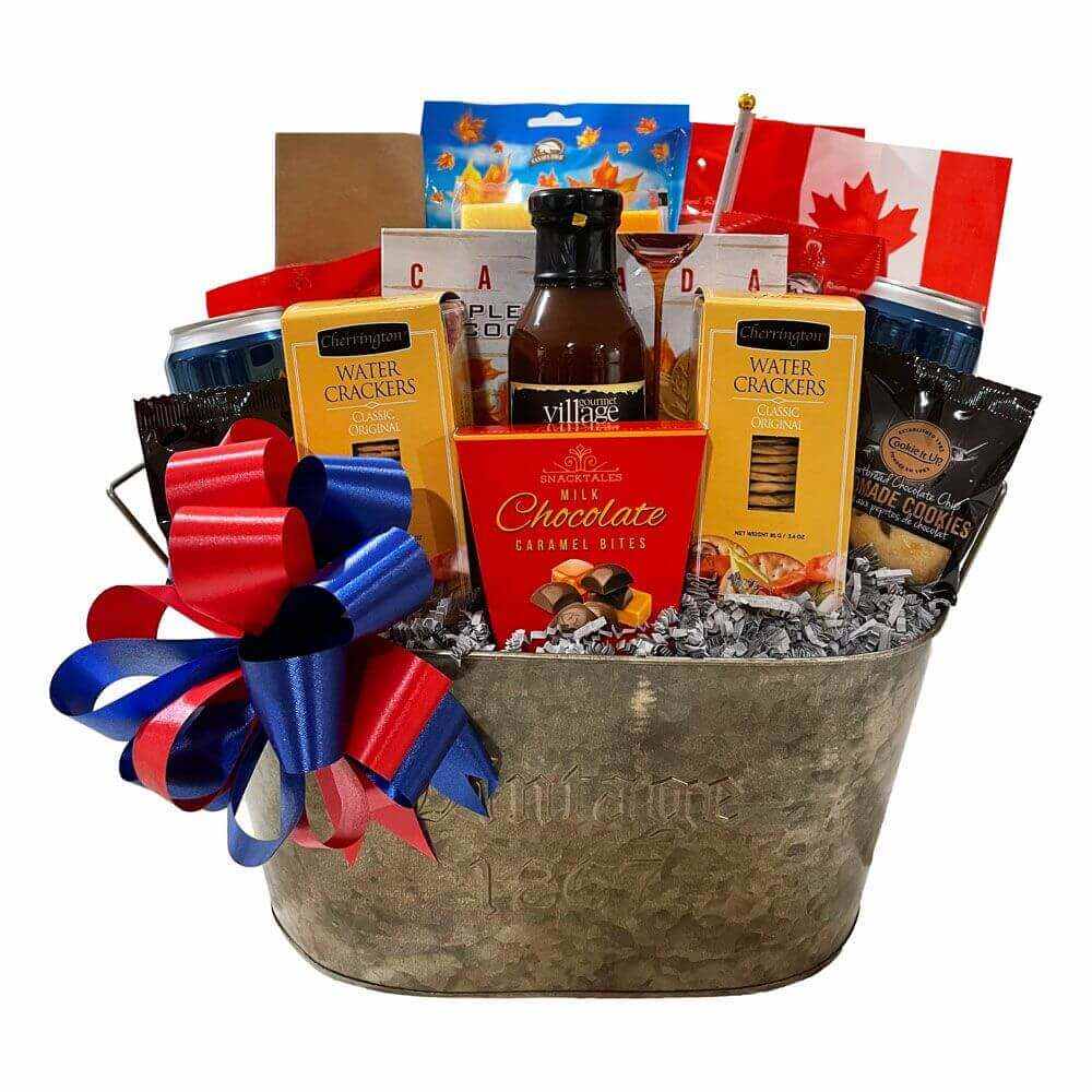 Canadian Gift Basket Kickback with maple treats, Labatt's Blue beer, shortbread cookies, maple popcorn, Canadian flag in metal container