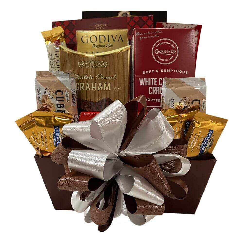 Chocolate Gift Basket Chocolatey Goodness with assorted premium chocolates and gourmet treats in a brown market tray with decorative bow