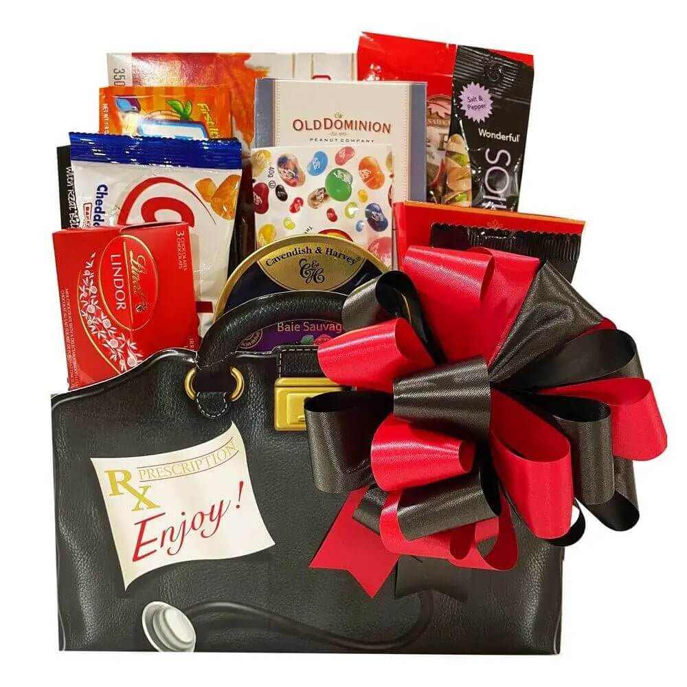 Feel Better Gift Basket with snacks and treats in a black doctor’s bag with red and black bow