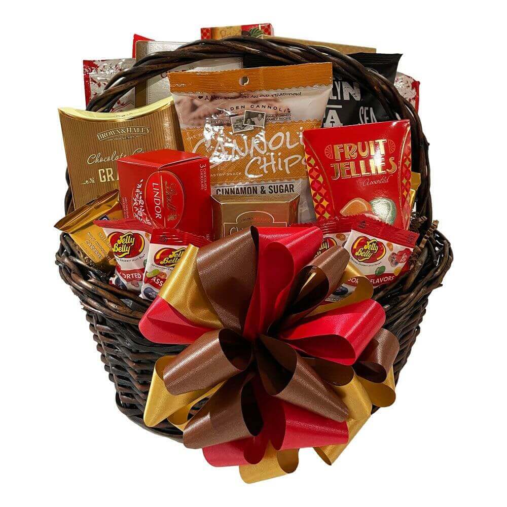 Food Fare For You Gift Basket with assorted snacks and chocolates in a woven wicker basket with decorative bow