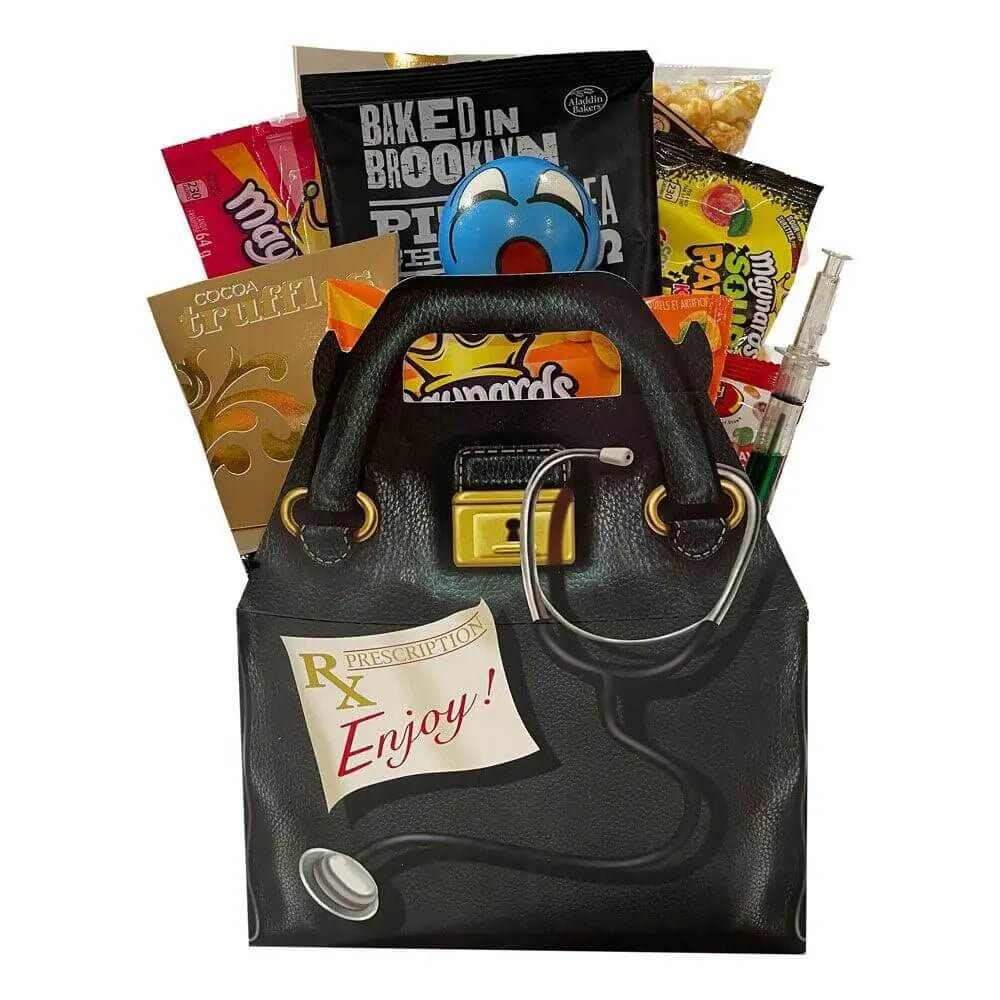 Get Well Gift Pak with snacks and medical-themed items in a black purse-shaped container