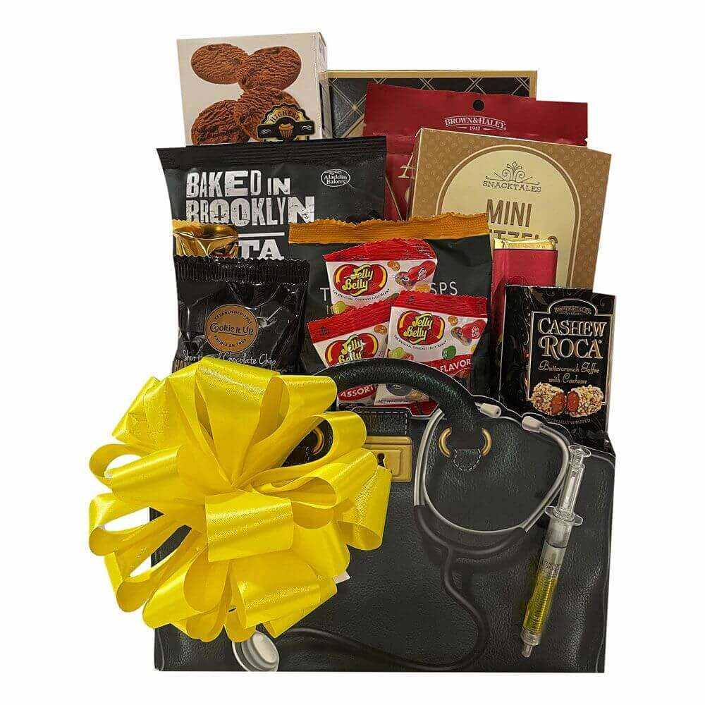 Get Well Recovery Gift basket with snacks, treats, and a yellow bow