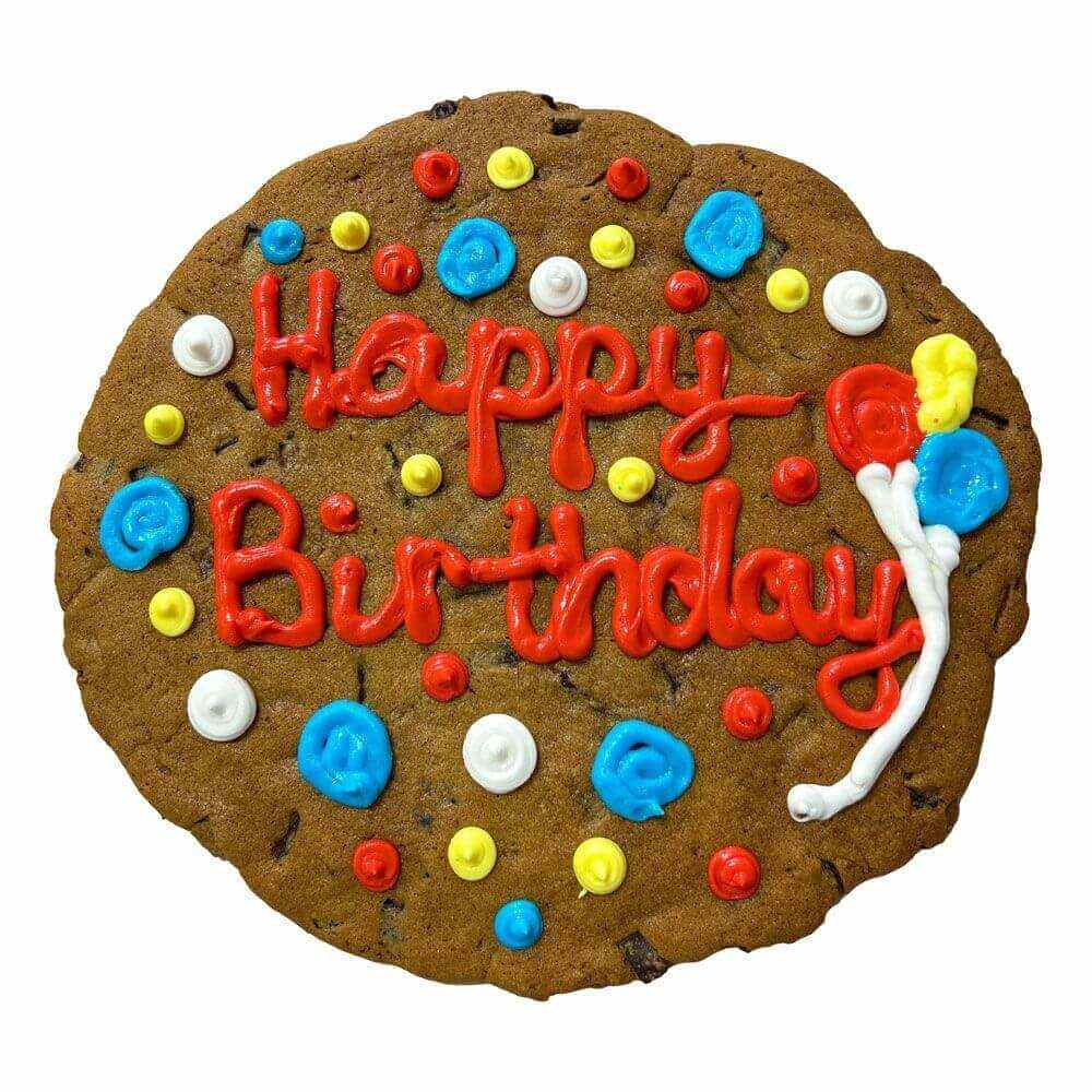 Giant birthday cookie 10-inch chocolate chunk decorated with colorful icing and "Happy Birthday" message