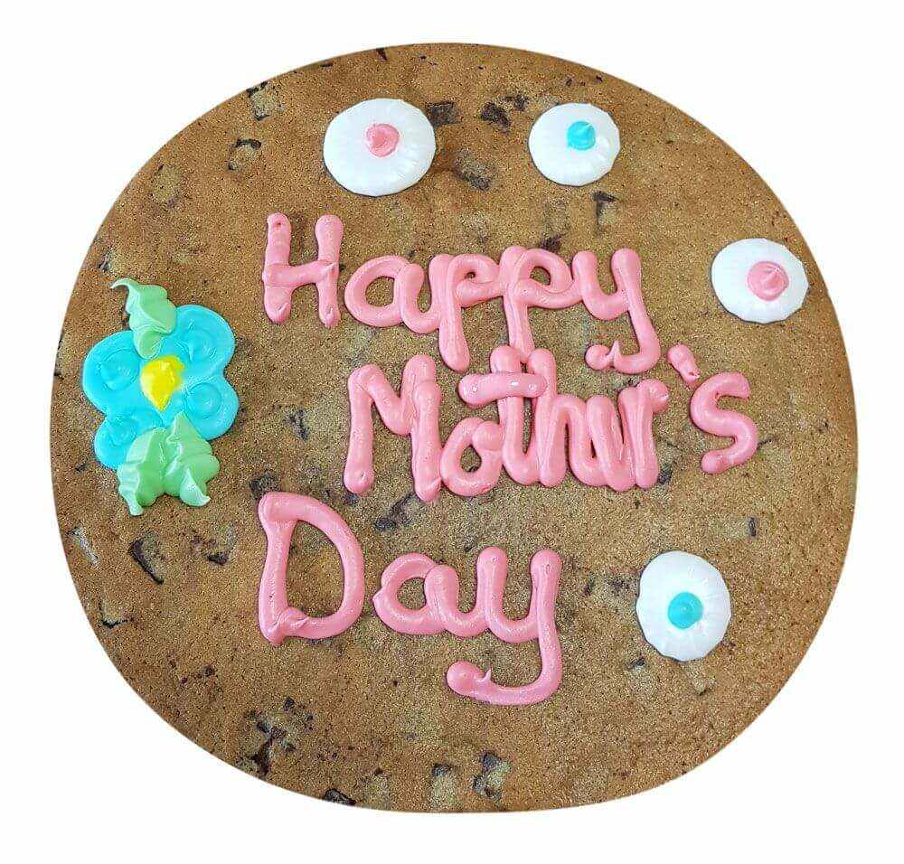 Giant Happy Mother Day Cookie chocolate chunk with pink icing and decorative flowers
