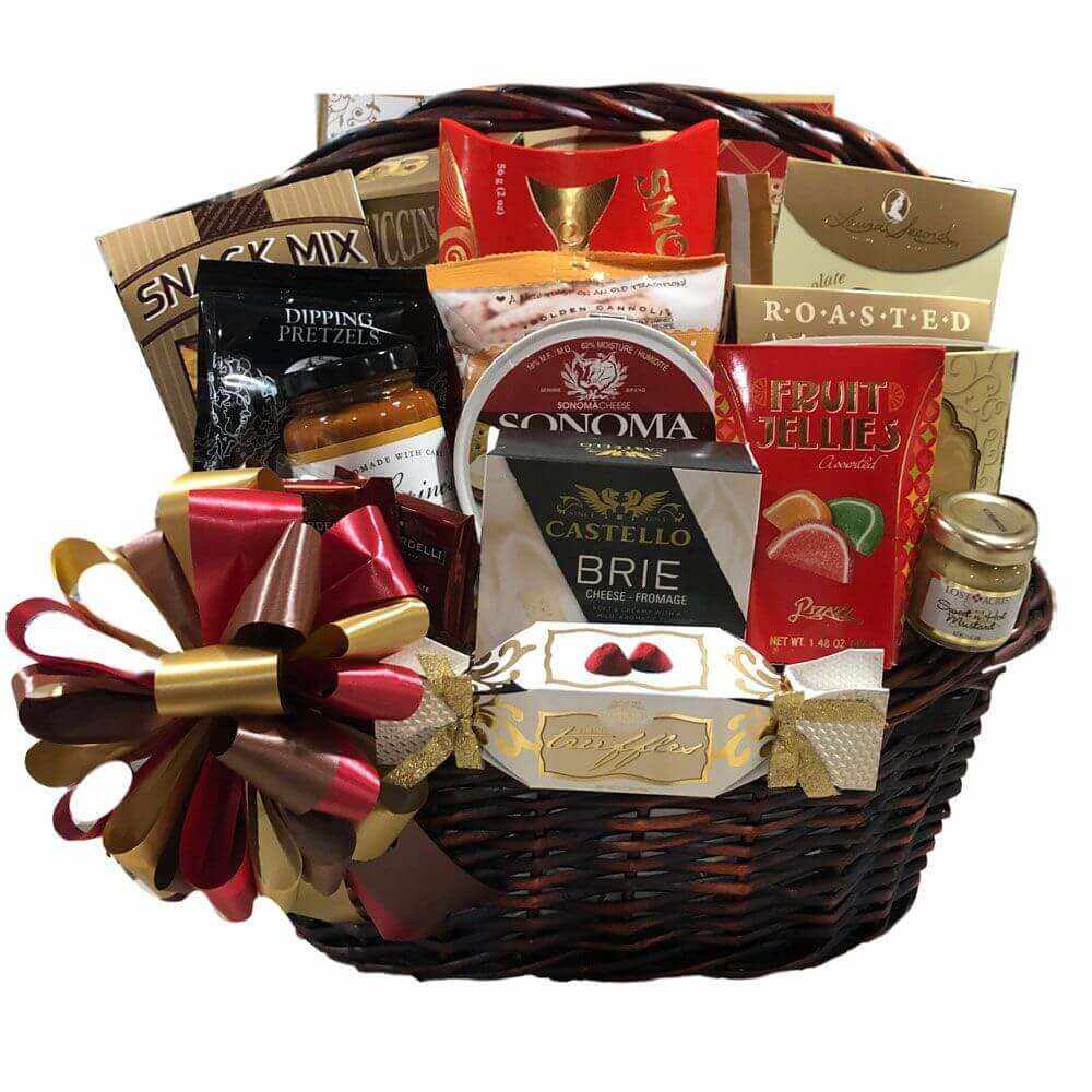 Gift Of Distinction Basket with gourmet treats, cheeses, snacks, and chocolates in a decorative gift basket