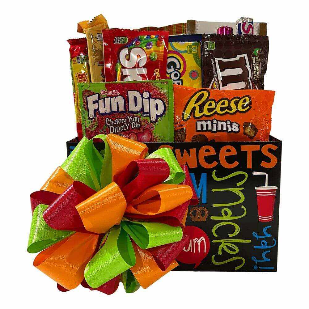 Colorful gluten free gift idea candy bouquet with assorted treats and vibrant ribbon bow
