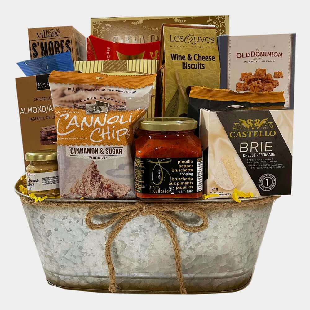 Gourmet Gift Basket with cheese, smoked salmon, crackers, sweets, and more in rustic metal container