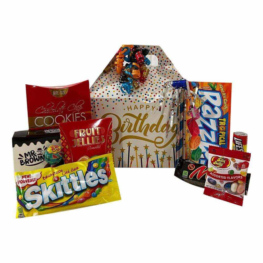 Happy Birthday Gift Pack with colorful party box, Skittles, cookies, fruit jellies, candies, and chocolate treats