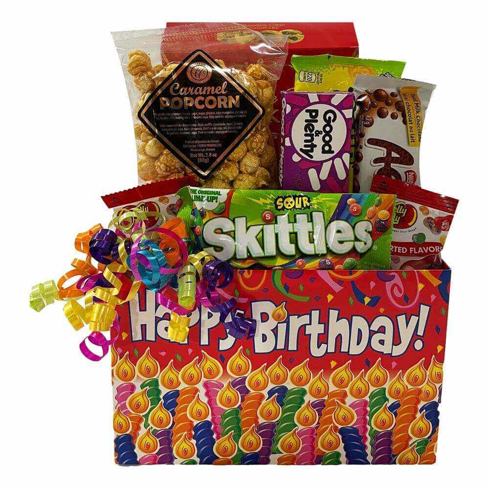 It's My Birthday Gift Basket with assorted candies, caramel popcorn, chocolate bar, and festive Happy Birthday box