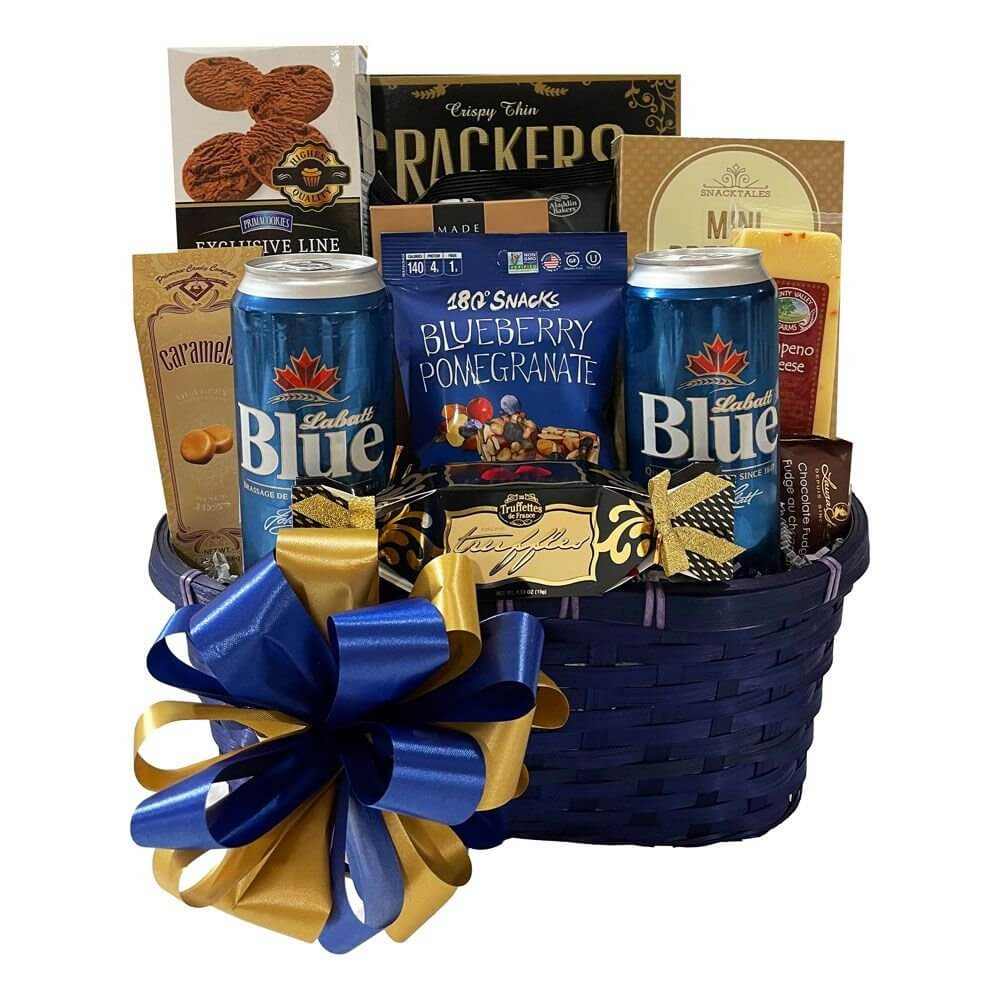 Premium Gift Basket with two Labatt Blue beers, snacks, crackers, and chocolates in a blue woven basket with blue and gold bow
