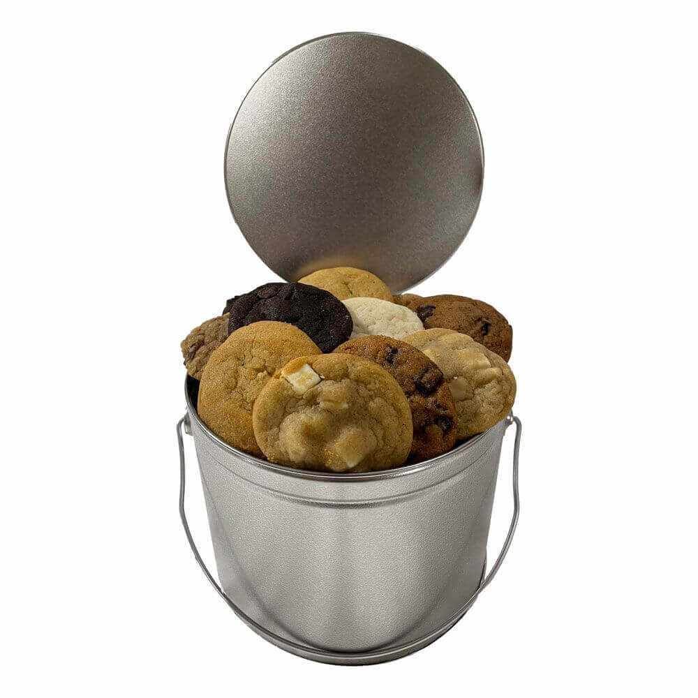 Standard Cookie Pail filled with assorted fresh baked cookies in a metal bucket with lid and handle