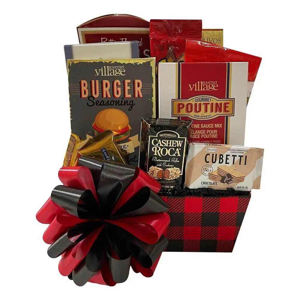 Gift Basket for men with gourmet snacks in a red and black plaid container and decorative bow.