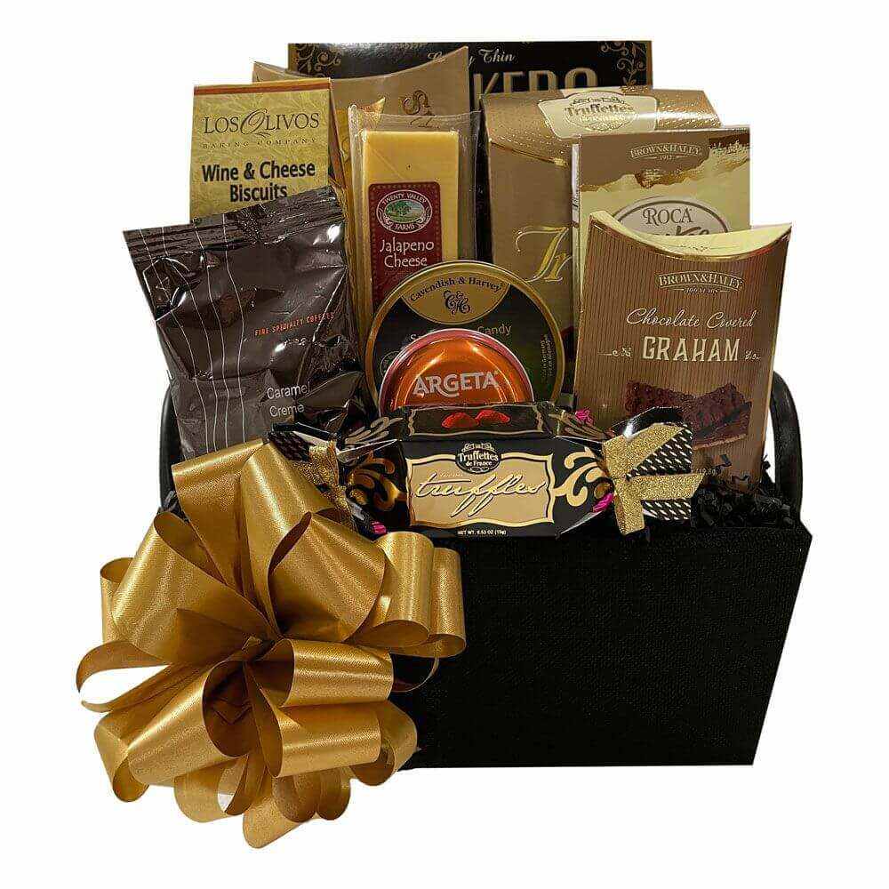 Sophisticate Gift Basket with gourmet cheeses, truffles, smoked salmon, wine & cheese biscuits, toffee bites, coffee, and candies in a black reusable basket with gold bow