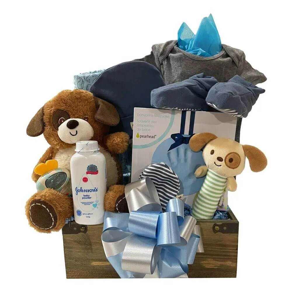 Time For Baby boy gift basket with plush toys, baby clothing, handprint kit, blanket, and baby powder in wooden container