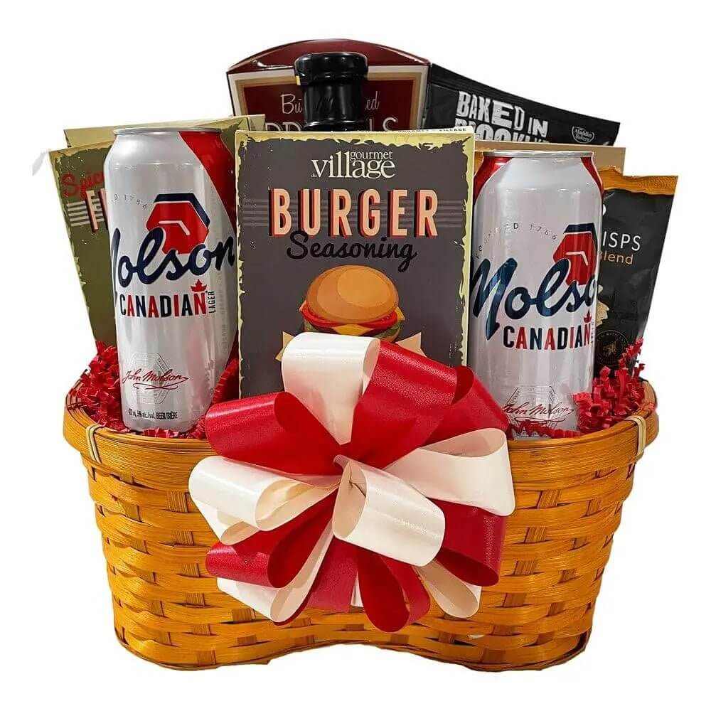 Gift basket with Molson Canadian beer, burger seasoning, snacks, and gourmet sauce with red and white bow