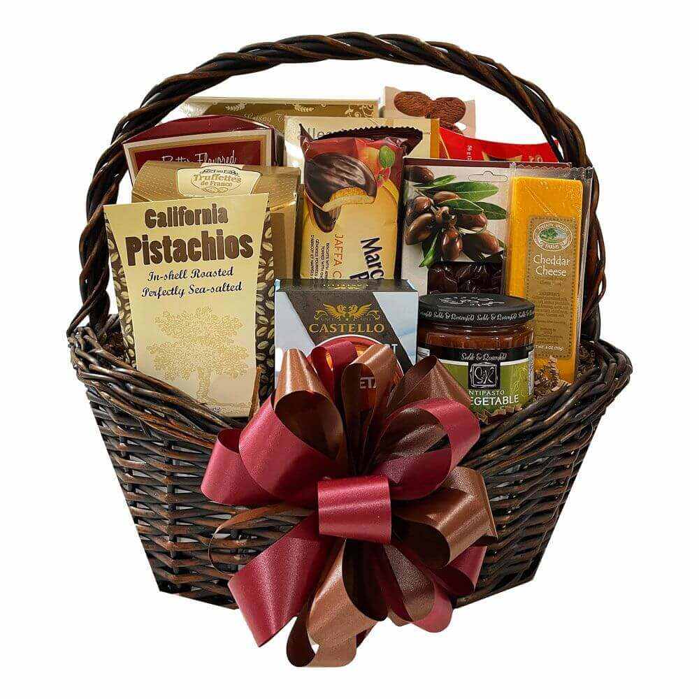 wicker basket gift set with cheese, pistachios, crackers, smoked salmon, chocolates, and decorative bow