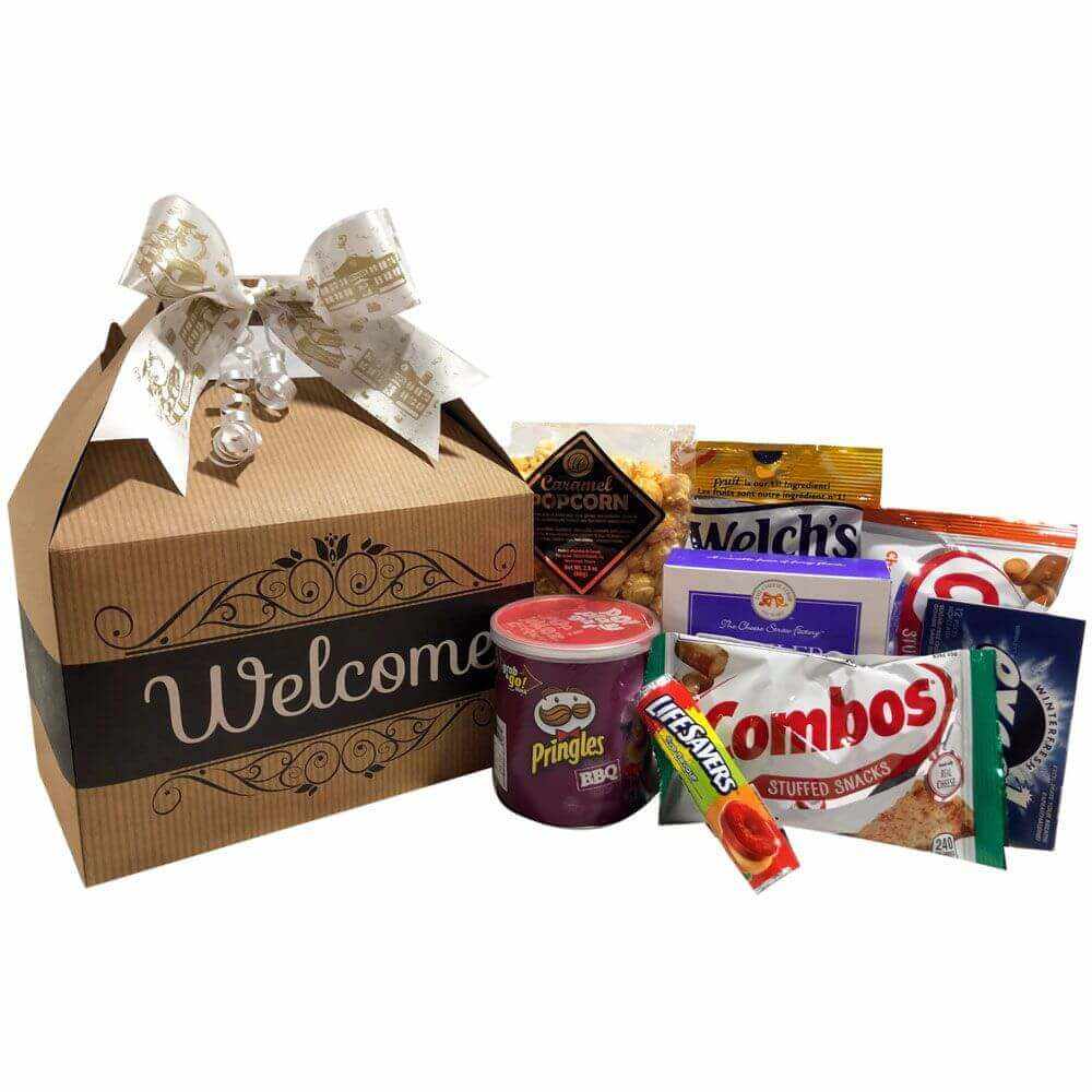 Welcome Gift Snack Pak with assorted snacks including Pringles, Combos, Lifesavers, Welch's fruit snacks, caramel popcorn in a decorative gable box