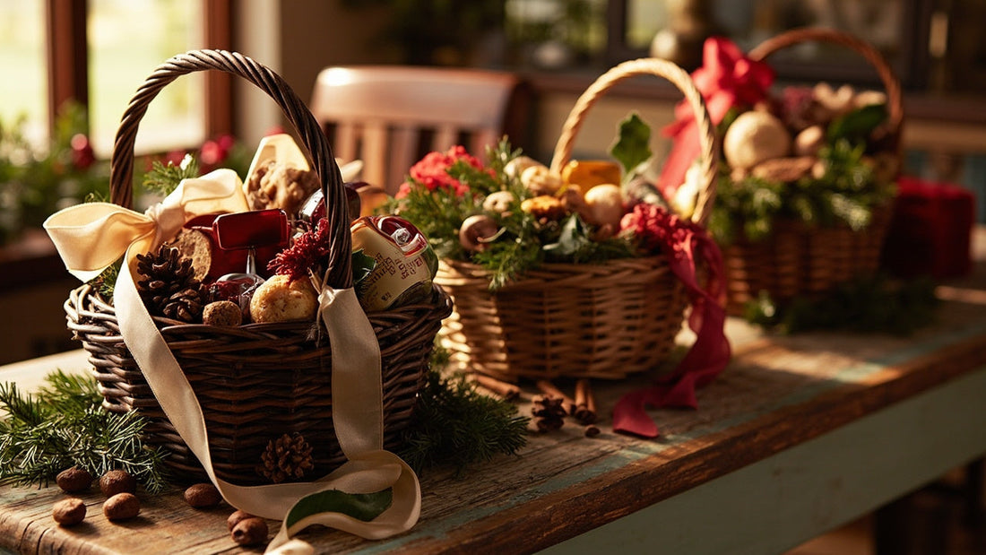assorted festive gift baskets with gourmet treats on a wooden table in warm light