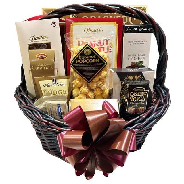 Premium express gift basket with chocolates, cheese, cookies, and snacks in a wicker basket